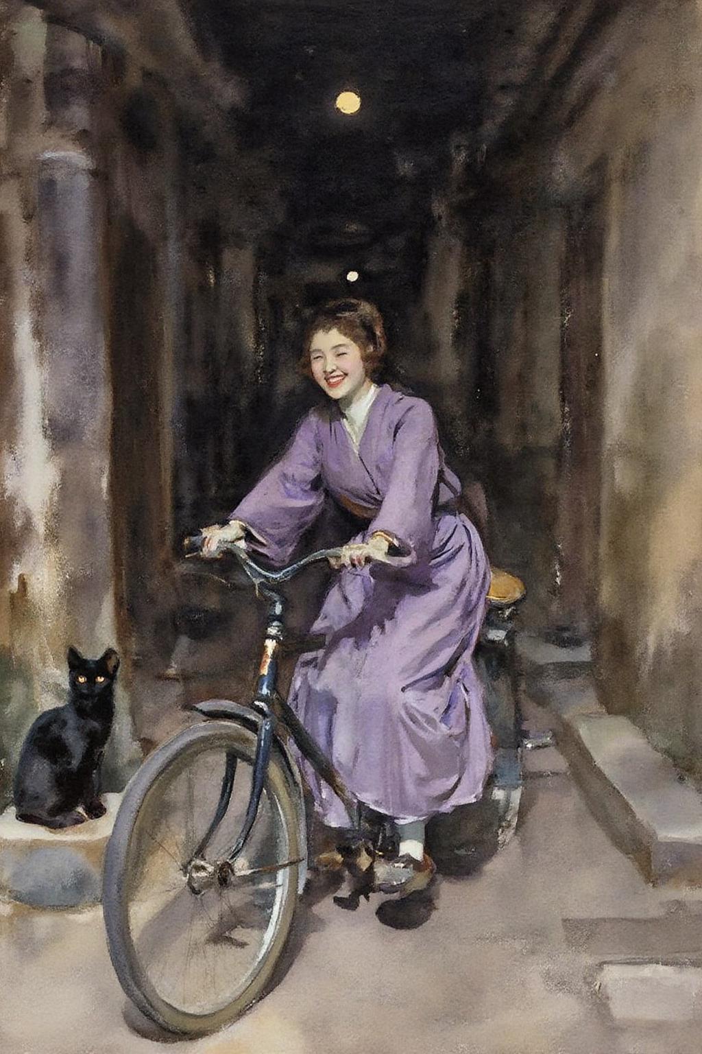 johnsingersargent3 painting. 
A Japanese school girl riding a old style bicycle through a narrow, quiet street at night. The happy woman wears a simple, flowing purple dress. In the corner, a small black cat with piercing eyes sits watching her quietly. The mood is tranquil and slightly magical. <lora:johnsingersargent3_cap_d8a4e12:1.0><lora:859975893508954411:0>