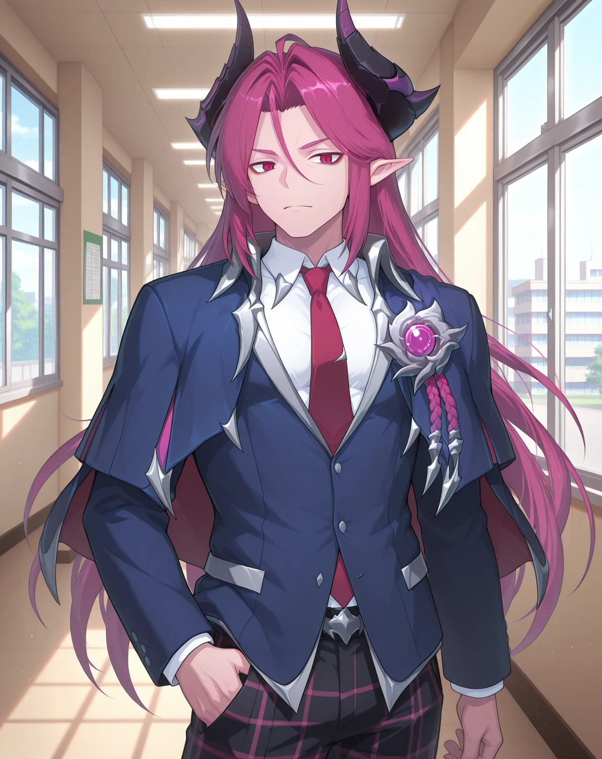 masterpiece,best quality,amazing quality, newest, very aesthetic, absurdres,
1boy, solo, yaoi, male focus, looking at viewer, cowboy shot,
<lora:Werner_Limit_Break_ilxl:1> wernerlb, pointy ears, long hair, red eyes, magenta hair, horns, demon boy, hair between eyes, mature male,
school uniform, white shirt, collared shirt, blue jacket, red necktie, black pants, plaid pants,
indoors, school, hallway, window, day, sun,