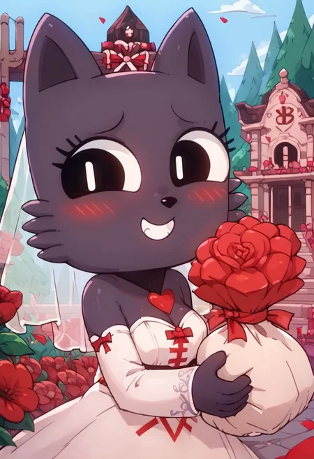 score_9, score_8_up, score_7_up, 1man,
1girl, beautiful face, petite, 20yo male,
score_9, score_8_up, score_7_up, BREAK, 1girl, ruri, smile, happy, blushing, standing, medium breasts, cat, grey body, wedding dress, black eyes, white pupils, vertical pupils, solo, looking at viewer, cute, paws, solo, holding red flowers, wedding temple background, valentine day, heart.
