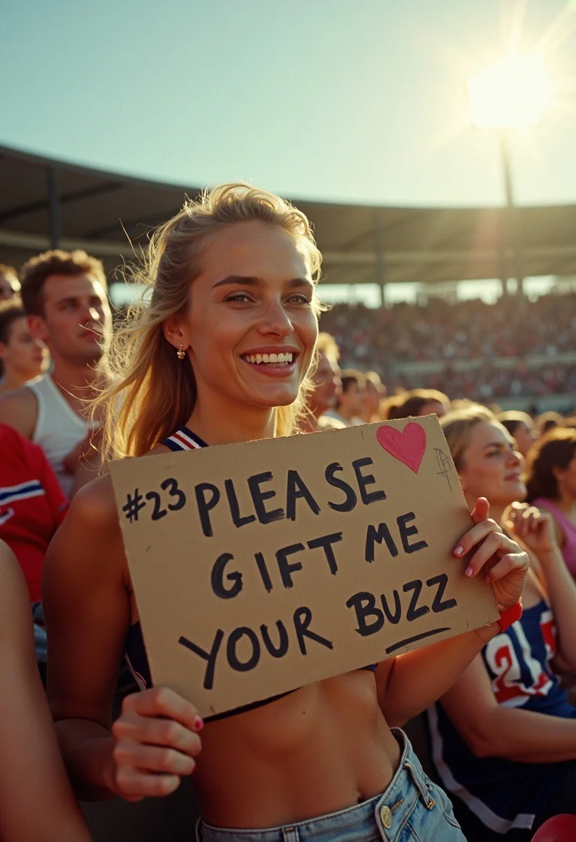 A candid, high-energy photo of a busty female sports fan sitting in the front row of a stadium tribune. She wears a tight sports jersey and holds a handmade cardboard sign that reads: '#23 PLEASE GIFT ME YOUR BUZZ' in bold, slightly smudged handwriting with some drawn hearts. The photo is styled like the work of renowned sports photographer Neil Leifer, with a focus on capturing raw emotion and movement. The image features natural analog aesthetics, reminiscent of 1970s sports photography, shot on a vintage 35mm film camera like the Nikon F2, using Kodak Ektachrome film for its vibrant colors and subtle grain. The lighting is dynamic, with golden-hour sunlight casting warm highlights on her face and hair, while soft shadows add depth. Lens flares from the stadium lights enhance the atmosphere, and the blurred background of cheering fans emphasizes the subject's position in the action. The photo captures the excitement and energy of the moment, evoking a sense of nostalgia and authenticity."