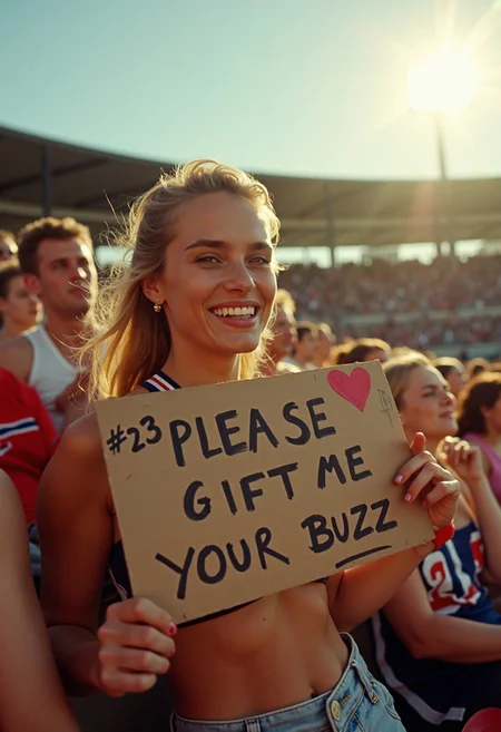 A candid, high-energy photo of a busty female sports fan sitting in the front row of a stadium tribune. She wears a tight sports jersey and holds a handmade cardboard sign that reads: '#23 PLEASE GIFT ME YOUR BUZZ' in bold, slightly smudged handwriting with some drawn hearts. The photo is styled like the work of renowned sports photographer Neil Leifer, with a focus on capturing raw emotion and movement. The image features natural analog aesthetics, reminiscent of 1970s sports photography, shot on a vintage 35mm film camera like the Nikon F2, using Kodak Ektachrome film for its vibrant colors and subtle grain. The lighting is dynamic, with golden-hour sunlight casting warm highlights on her face and hair, while soft shadows add depth. Lens flares from the stadium lights enhance the atmosphere, and the blurred background of cheering fans emphasizes the subject's position in the action. The photo captures the excitement and energy of the moment, evoking a sense of nostalgia and authenticity."