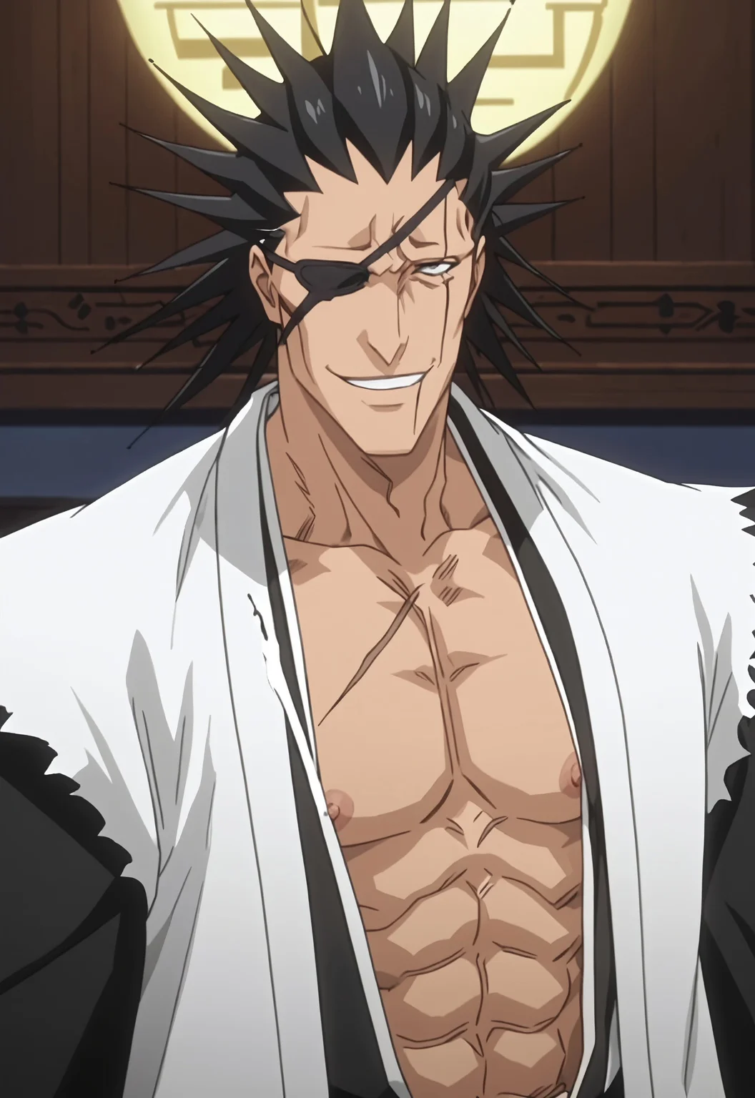 safe_pos, safe_pos, score_9, score_8_up, rating_nsfw, ultra hd, absurdres, best quality, ultra quality, masterpiece, masculine, solo, 1boy, male focus, best anatomy, best eyes, detailed eyes, best hands, sexiest man alive, erotic, gay porn, hand with five fingers, mature male, anime screencap
BleachKenpachi, anime screencap, scar, spiked hair, eyepatch, Japanese clothes, detailed background, half body angle, half body, view from away, looking at viewer, flirty smile, Expressiveh, nipples, nipple peak