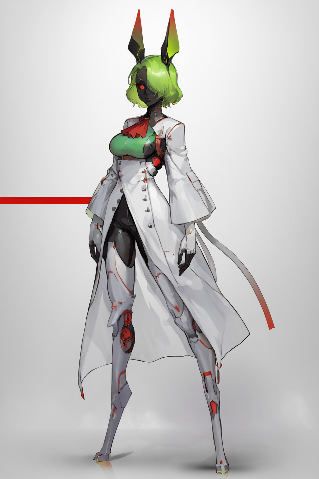 score_9, score_8_up, score_7_up, score_6_up, score_5_up, score_4_up, BREAK, source_anime, solo, 1girl, rating_safe, ((mature female)), ((long green flowing hair)), mechanical parts, (big backwards folded mechanical rabbit ears), mature female, (bunny ears), (animal ears), subdermal port, ((milf, mature female, big breasts)), hexagon lines in skin, naval uniform overcoat, naval uniform, white military uniform, dress_uniform, ribbons, ((red eyes)), bunny tail, rabbit tail, aiguillette, ((green hair)), ascot, ((Ground level (from the side) view Extreme Close shot (focus on legs))), latex pilot suit, shoulder cutout, bunny rabbit Tail, ((hair over one eye, )), digitigrade, clawed feet, minimal clothes, ((metal skin, shiny skin, vampire aesthetic, digital eyes, filled eyes, monochromatic eyes, glowing eyes, colored sclera, red sclera, mechanical eyes, partially shaded face, )), <lora:ECHANIS:1>,  <lora:IncaseLycoXL:1>
