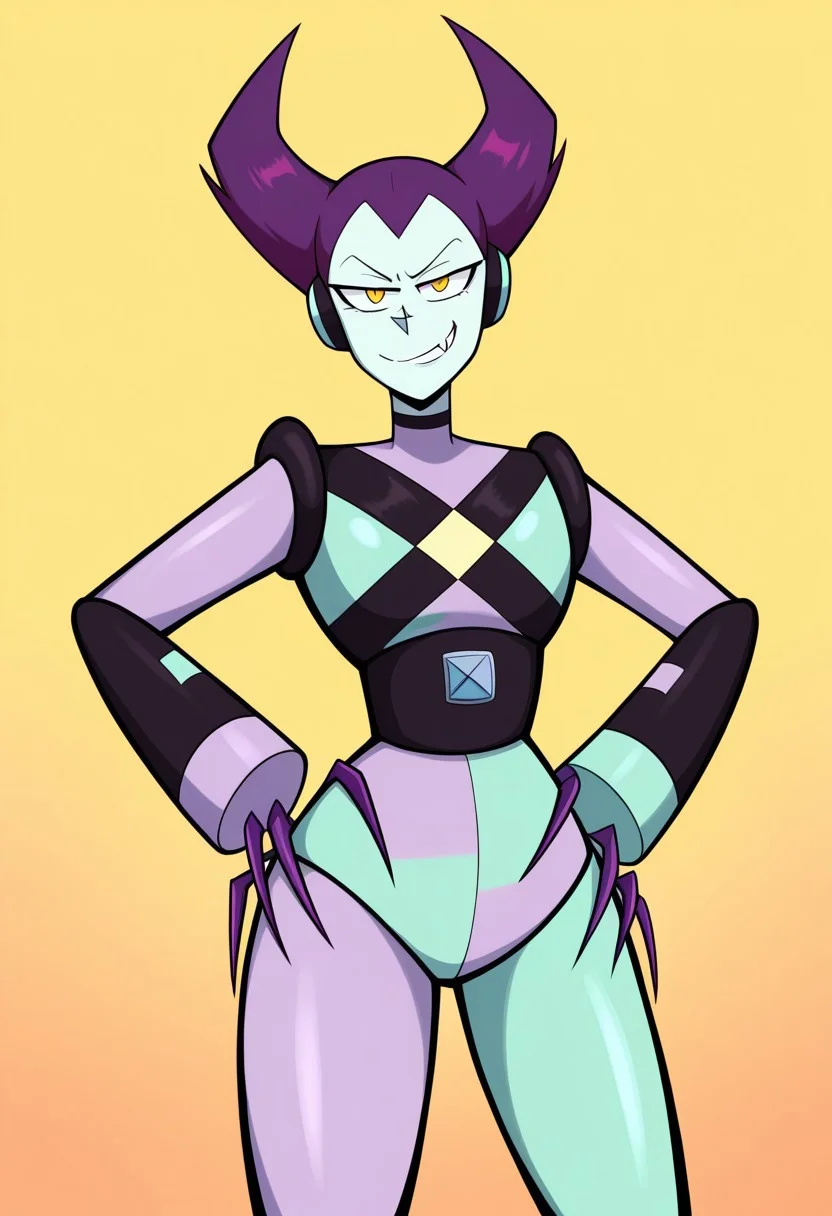 masterpiece, best quality, highres, BREAK, 1girl, solo, fluorite, mint green skin, purple hair, yellow eyes, mainoutfit, mainhair, heaphones, detached fingers, stomach jewel, looking at viewer, smirk, fangs, hands on hips, standing, cowboy shot