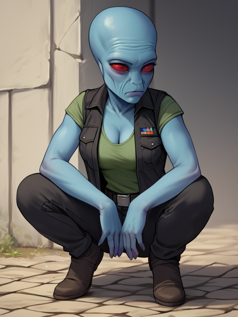 score_7_up, score_8_up, score_9, masterpiece, (1girl, solo,)perfect face, perfect hands, high quality, source_anime, cowboy shot, <lora:Duros_-_Star_Wars:1> duros, colored skin, alien, red eyes, blue skin, bald, squatting, black vest, green undershirt, black pants, utility belt, medium breasts, cleavage,