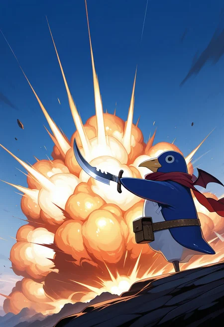 masterpiece, best quality, amazing quality, standing, side view,
solo, no_humans, prinny, red_scarf, wings, big explosion, weapon, holding, sky, scimitar, dual_wielding