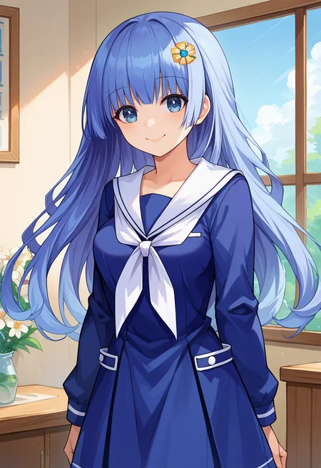 score_9, score_8_up, source_anime, 1girl, solo, IzayoiSchool, long hair, flower hairclip, blue serafuku, blue sailor dress, long sleeves, white sailor collar, white neckerchief, indoors, window, smile, <lora:ChamMikuIzayoiPonyXL:1>