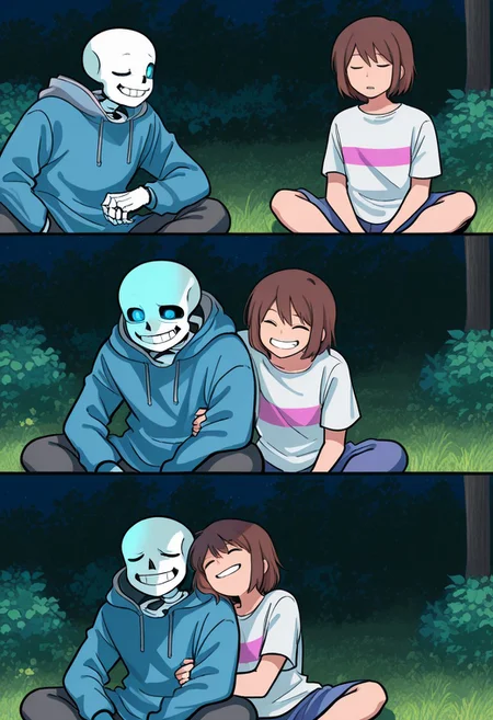 score_9, score_8_up, score_7_up, score_6_up, aoj_sr, 2d, source_cartoon, 
night,garden,closer look, close view, duo,
(1male,s4ns,skeleton,one blue glowing eyes,skull,skeleton arms,skeleton body,oversized,white t-shirt,laugh,grin),
holding, hugs from behind, sit on floor, comic,comics,
(1woman,frisk,woman,closed eyes,brown hair,blue hoodies,big breasts,short hair,simle),
