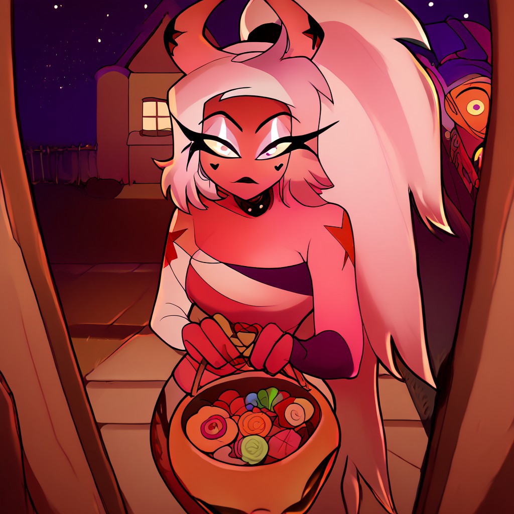 score_9, score_8_up, score_7_up, 1girl, tr1ck0rtr3at, holding, halloween bucket, doorway, door, street background, halloween costume. witch, candies. night, halloween, pov, hand, Verosika apology tour, VerosikaMayday, VerosikaApologytour