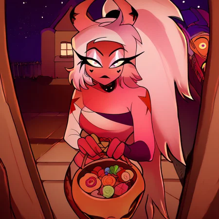 score_9, score_8_up, score_7_up, 1girl, tr1ck0rtr3at, holding, halloween bucket, doorway, door, street background, halloween costume. witch, candies. night, halloween, pov, hand, Verosika apology tour, VerosikaMayday, VerosikaApologytour