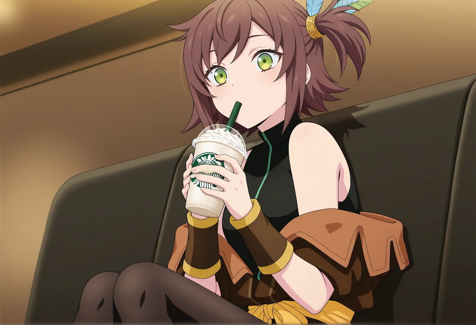 anime screencap, anime coloring, close-up, 1girl, hort hair, brown hair, side ponytail, feather hair ornament, green eyes, sleeveless, vest, off shoulder, sash, pantyhose, wristband, iindoors, starbucks, sitting, holding drink <lora:Nan_tof_Vesperia_r1:1>, masterpiece, best quality, amazing quality, very aesthetic, absurdres, highres, newest