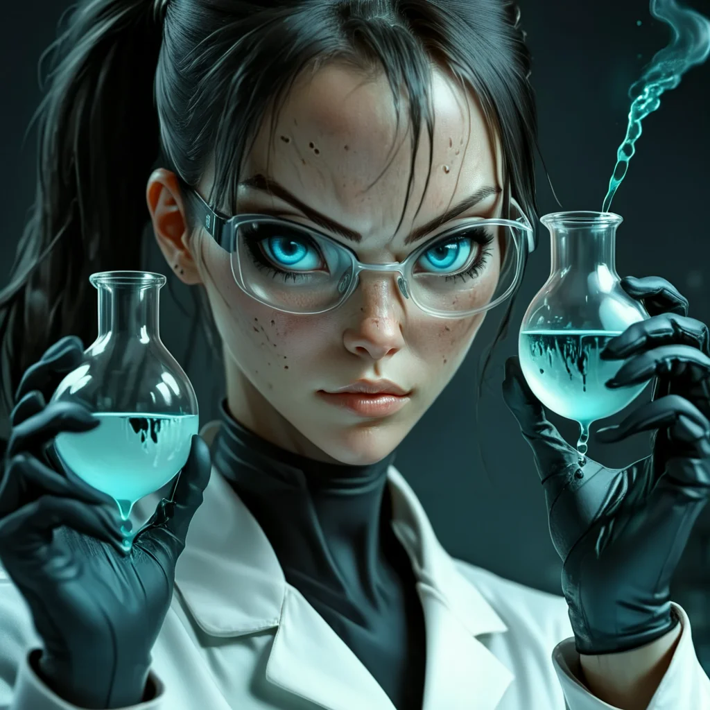 <lora:Eldritch_Sci-FiSDXL:1> ArsMJStyle, Eldritch Sci-Fi, The image shows a woman wearing a lab coat and glasses holding a beaker in her hand. She has a determined expression on her face and her hair is pulled back in a neat bun. The beaker is filled with a clear liquid and the background is a dark mysterious atmosphere., 1girl, glasses, blue eyes, solo, black hair, ponytail, labcoat, looking at viewer, gloves, freckles