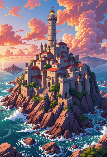 Perched atop a small, rocky island in the midst of a turbulent sea, a fantasy-style Mediterranean castle rises like a dream carved in stone, its form both majestic and otherworldly. The island, a jagged outcrop of dark grey rock, is surrounded by smaller islets, The city itself is a labyrinth of light grey and white stone structures, their walls gleaming in the sunlight and their bright red shingled roofs creating a striking contrast against the cool tones of the sea and sky. The buildings are stacked and layered, climbing the island's steep plateaus and cliffs as if defying gravity, their forms blending seamlessly with the natural contours of the rock. The city's architecture is a harmonious blend of practicality and fantasy, with narrow, winding streets and staircases carved into the stone, connecting the various levels of the city. Houses, shops, and public buildings cling to the cliffs, their balconies and terraces overlooking the wild sea below. City walls, fortified and imposing, wind their way through the city, their surfaces adorned with intricate carvings and patterns that speak of a rich cultural heritage. At the very top of the island, rising above the clouds, is a colossal tower, its form both elegant and formidable. The tower, styled like a lighthouse but on a grander scale, is the centerpiece of a complex of attached buildings that form a single, unified structure. The tower's light, a beacon of hope and guidance, pierces through the mist and clouds, its glow casting a warm, golden light over the city. The buildings surrounding the tower are adorned with arches, columns, and domes, their designs intricate and awe-inspiring. The sea around the island is wild and untamed, its waves crashing against the rocks with a ferocity. The water is a deep, vibrant blue, its surface churned into frothy white peaks by the wind. The sky and clouds above are ablaze with a beautiful sunset, with patches of sunlight breaking through the clouds, casting a soft, golden glow over the scene. The island itself is a patchwork of rock and greenery, with a few hardy trees and lush green bushes clinging to life in the harsh environment. Their vibrant green leaves provide a stark contrast to the cool tones of the stone and sea, The overall color composition is a harmonious blend of light greys, whites, bright reds, deep blues, and vibrant greens, The absence of people only enhances the sense of tranquility and wonder, a hidden gem waiting to be discovered by those who seek the extraordinary. The scene is a beacon of light and beauty, a place where the boundaries between the real and the imagined blur, and where the impossible becomes possible. (There are no visible people anywhere!:1.2), A deep mysterious fog envelops the landscape, adding depth and atmosphere to the composition, ultra-detailed, hyper-detailed, ambient lighting, (masterpiece), (Amazing quality), (phenomenal aesthetic), cinematic moment, 8K<lora:FLUX_Ghibsky_Illustrations.safetensors:0.8:1.0>