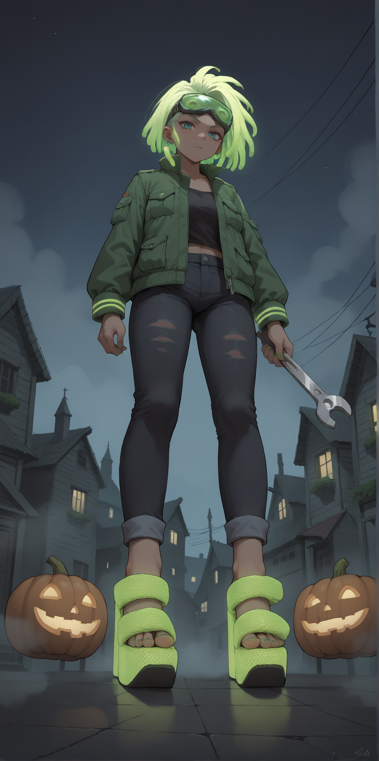score_9, score_8_up, score_7_up, score_6_up, source_anime,
wide angle, standing, low angle, foot focus, 
standing,
holding a giant wrench as a weapon,
(glowing neon footwear:1.1),
(glowing neon hair:1.15),
1girl, leather pants, green short jacket, black and green hair, dreadlocks, 
goggles, glowing green goggles,
ï»¿(ï»¿m3sh heels), platform footwear,
halloween scene, fog, haunted house, night,
green toenail polish,
embedding:zPDXLrl ,
embedding:zPDXL2 ,