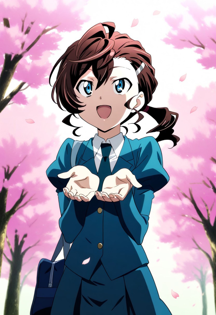 1girl,Inuyama Mana,GeGeGe no Kitarou,year 2019,solo,cowboy shot,(day:1.5),cherry blossoms in full bloom,cherry blossom petals are falling,1 hair tie,looking up,laughing,hanging 1 nylon school bag from own shoulder,cupping hands,blue eyes,school uniform,(white shirt:1.2),(juliet sleeves:1.2),(celadon blazer:1.2),(dark sea-green necktie),(dark sea-green skirt),(single hair intake:1.5),(wavy hair),(swept bangs) and (hair pulled back:1.2),hair between eyes,(low ponytail),Ahoge,(Brown) medium hair,sideburns, 1 silver hairpin,masterpiece, best quality, very aesthetic, absurdres
