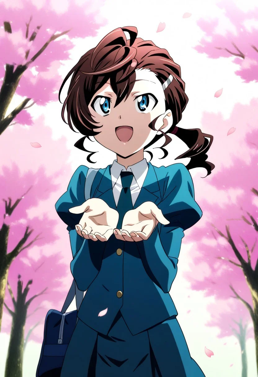 1girl,Inuyama Mana,GeGeGe no Kitarou,year 2019,solo,cowboy shot,(day:1.5),cherry blossoms in full bloom,cherry blossom petals are falling,1 hair tie,looking up,laughing,hanging 1 nylon school bag from own shoulder,cupping hands,blue eyes,school uniform,(white shirt:1.2),(juliet sleeves:1.2),(celadon blazer:1.2),(dark sea-green necktie),(dark sea-green skirt),(single hair intake:1.5),(wavy hair),(swept bangs) and (hair pulled back:1.2),hair between eyes,(low ponytail),Ahoge,(Brown) medium hair,sideburns, 1 silver hairpin,masterpiece, best quality, very aesthetic, absurdres