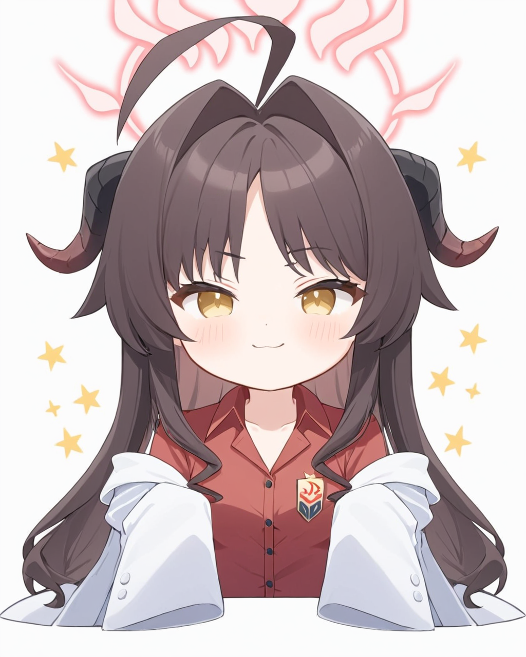 kasumi \(blue archive\),1girl, horns, solo, red_shirt, hair_intakes, ahoge, white_background, collared_shirt, facing_viewer, sparkle, simple_background, halo, upper_body, blush, long_sleeves, sleeves_past_fingers, :3, open_clothes, smile, chibi, white_coat
<lora:kasumi_(blue_archive)_image244_batch3_v1:1>,halo,. gorgeous,key visual, vibrant, studio anime,award-winning, professional, highly detailed,high budget, cinemascope