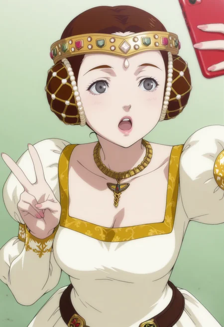 anime screencap, anime coloring,  <lora:DX888Charlotte:1> charlotte, grey eyes, brown hair, lips, double bun, princess, hair ornament,necklace,puffy sleeves,
 BREAK simple background, green  background, BREAK 1girl, breasts, cellphone, holding phone, open mouth,   selfie,  taking picture, (v:1.2), from above,