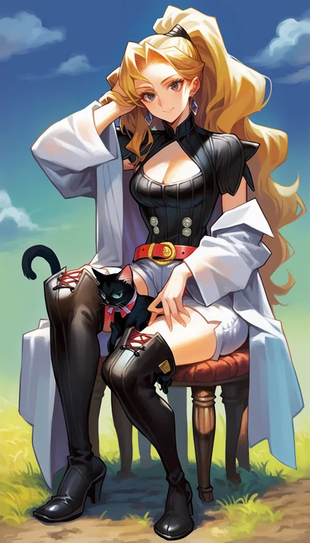 score_9,score_8_up,score_7_up,
<lora:vanillawareStyle:1>,
amoretta virgine,1girl,solo,blonde hair,long hair,ponytail,looking at viewer,smile,jewelry,earrings,amoretta virgine costume,black off shoulder coat,cleavage,red trim belt,red sword,white shorts,red ribbon,black thigh boots,full body,adjusting hair,sitting,a black cat on knee,