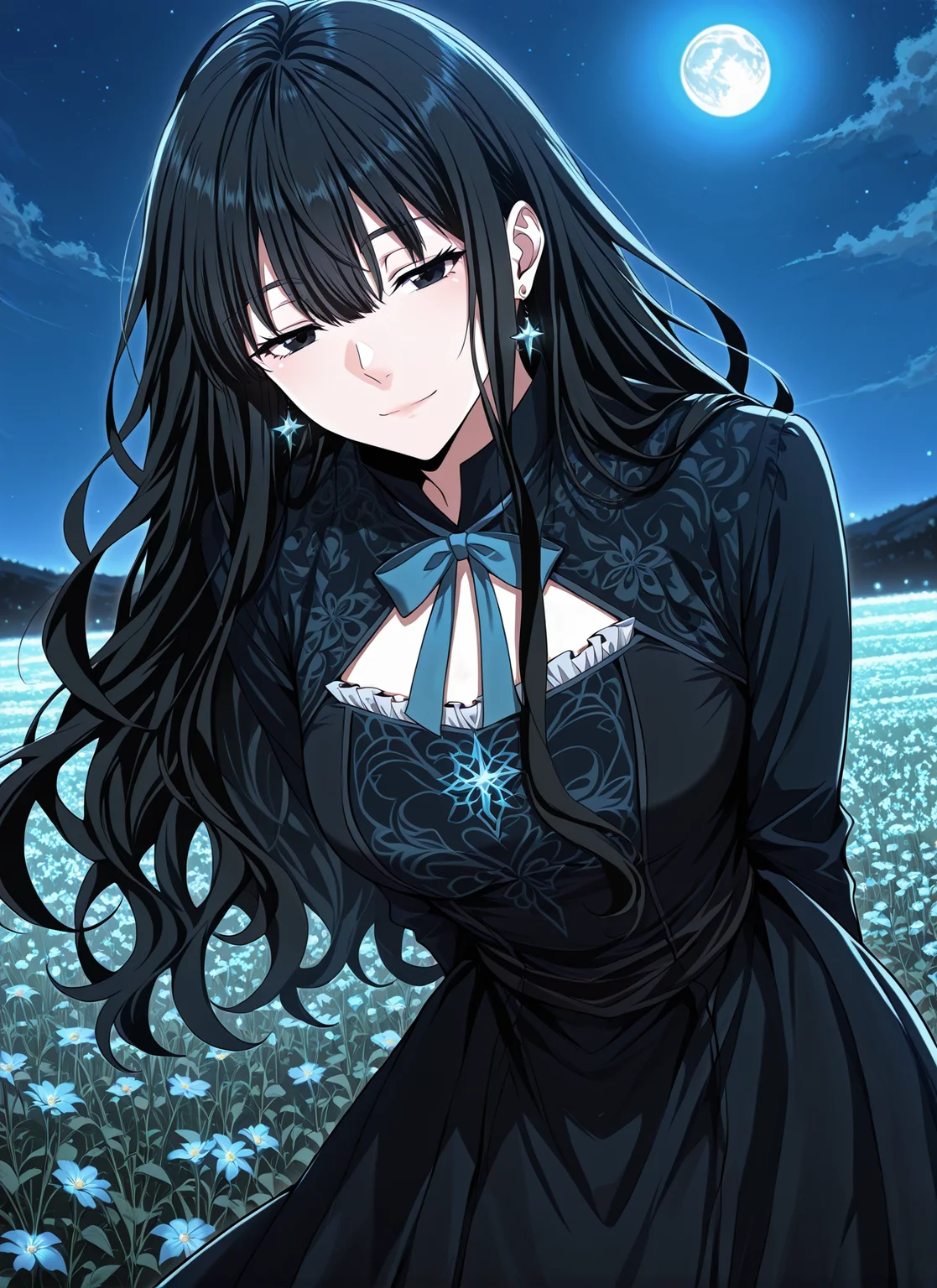 <lora:Kathyln_Glayder__The_Beginning_After_the_End__Illustrious-000009:1>
1 girl, solo, black eyes, brwon eyes, very long hair, black hair, bangs, wavy hair, ahoge, hair between eyes,
black dress, long dress, blue bowtie, black thighhighs, long sleeves, frills, earrings, jewelry, star earrings,
score_9, score_8_up, score_7_up, very aesthetic, source_anime, detailed, high quality, beautiful, masterpiece, detailed eyes, field, blurry background, pose dynamic angle, upper body, cowboy shot, light smile, floating hair, half-closed eyes, hands behind back, leaning forward, looking forward, looking at viewer, night, blue moon, <lora:iLLMythG0thicL1nes:1>