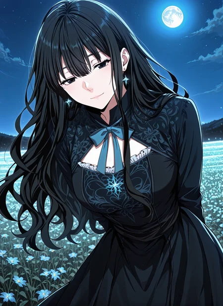 <lora:Kathyln_Glayder__The_Beginning_After_the_End__Illustrious-000009:1>
1 girl, solo, black eyes, brwon eyes, very long hair, black hair, bangs, wavy hair, ahoge, hair between eyes,
black dress, long dress, blue bowtie, black thighhighs, long sleeves, frills, earrings, jewelry, star earrings,
score_9, score_8_up, score_7_up, very aesthetic, source_anime, detailed, high quality, beautiful, masterpiece, detailed eyes, field, blurry background, pose dynamic angle, upper body, cowboy shot, light smile, floating hair, half-closed eyes, hands behind back, leaning forward, looking forward, looking at viewer, night, blue moon, <lora:iLLMythG0thicL1nes:1>
