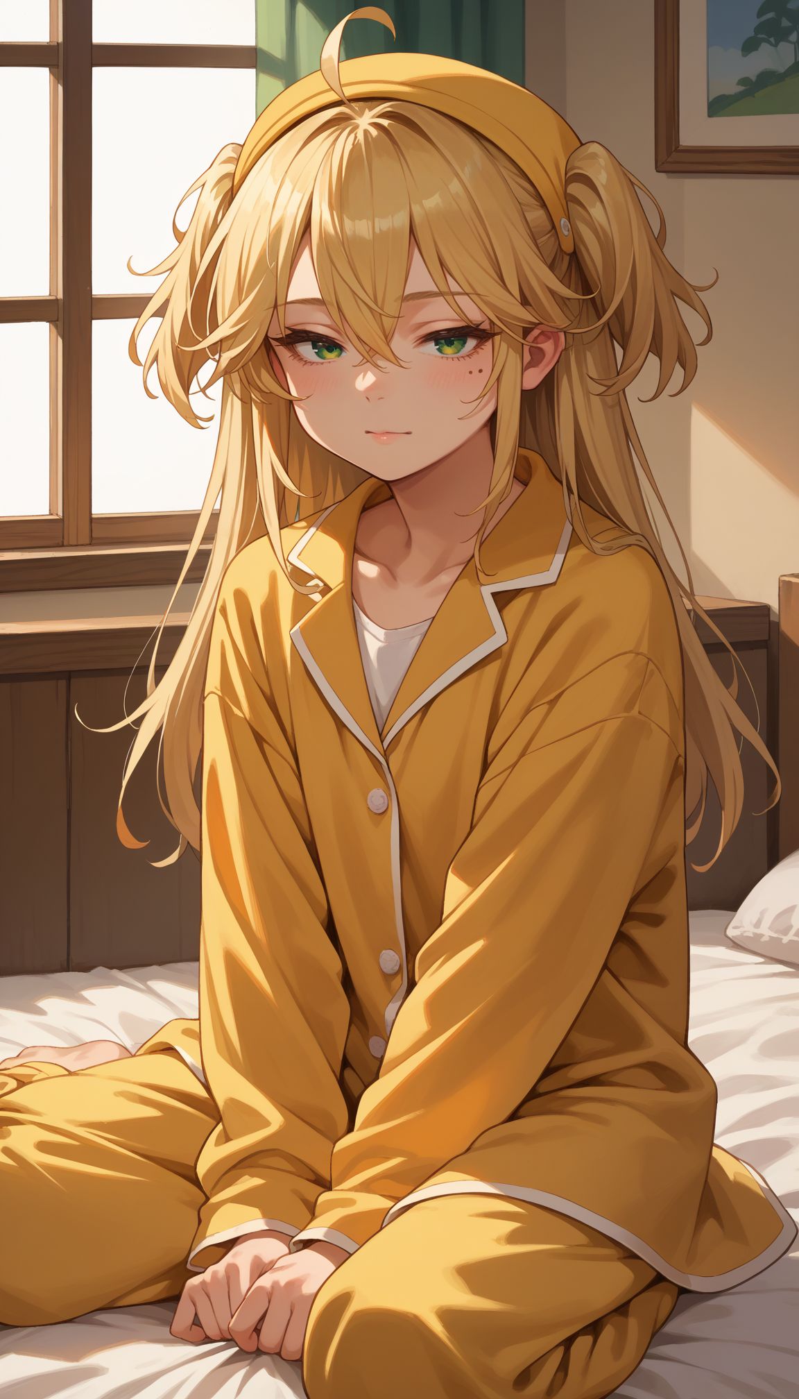 score_9, score_8_up, score_7_up, source_anime,
 <lora:Admiral Hipper:0.8> azhipper, blonde hair, two side up, hair between eyes, ahoge, bangs, green eyes, long hair, mole under eye, headwear, 
half-closed eyes, pajama, on bed, sitting,