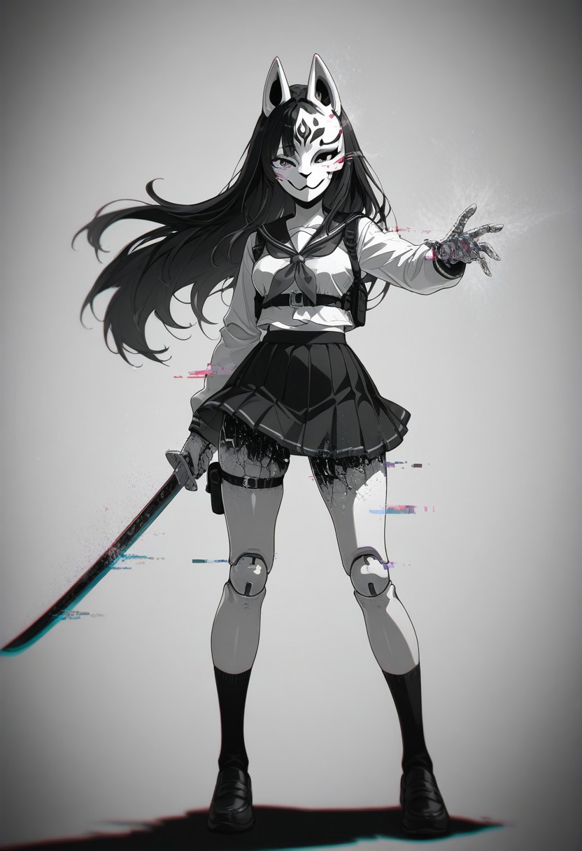 1girl, action pose, fox_mask, fox fire, mechanical eye, holding sword, school uniform, harness, thigh pouch, silhouette art, glitch art, virtual, colored shadow, geometry, monochrome, local color adaptation, hdr, (disintegration effect:1.4), (chromatic aberration, polarized:1.2), (blurry:1.4), masterpiece, best quality, amazing quality, very aesthetic, absurdres, newest,