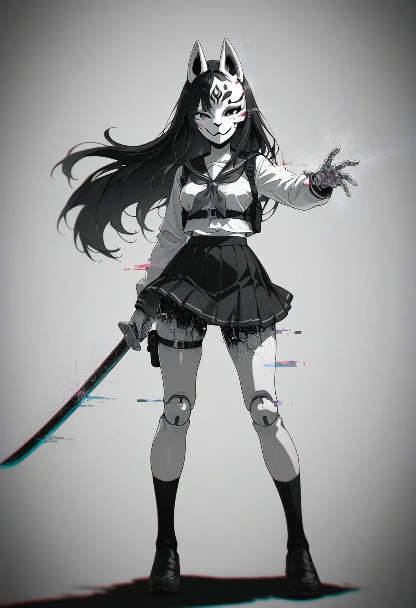 1girl, action pose, fox_mask, fox fire, mechanical eye, holding sword, school uniform, harness, thigh pouch, silhouette art, glitch art, virtual, colored shadow, geometry, monochrome, local color adaptation, hdr, (disintegration effect:1.4), (chromatic aberration, polarized:1.2), (blurry:1.4), masterpiece, best quality, amazing quality, very aesthetic, absurdres, newest,