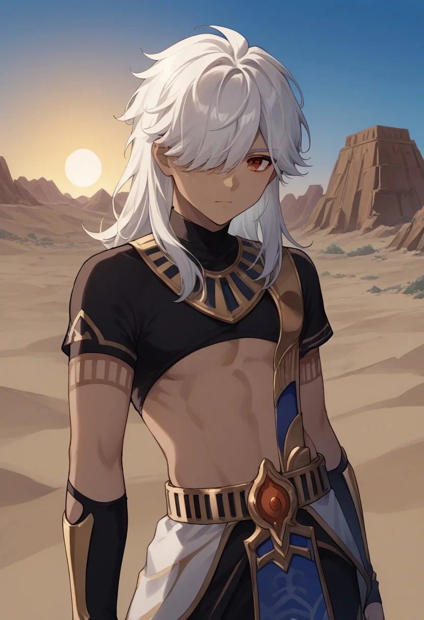 score_9, score_8_up, score_7_up, source_anime, highly detailed,
cyno, 1boy, male focus, solo, dark-skinned male, dark skin, white hair, hair over one eye, long hair, red eyes, egyptian clothes, jewelry, usekh collar, gold trim, chocker, black chocker, tattoo, arm tattoo, crop top, shirt, black shirt, short sleeves, bridal gauntlets, belt,
outdoor, desert, dunes, sun, oasis,