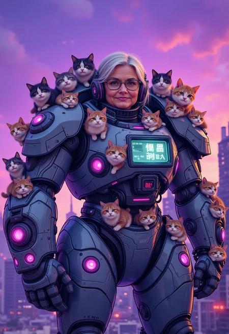 "An elderly woman with a wrinkled face and a kind smile pilots a massive, glowing mech suit covered in dozens of cats lounging on every surface. Each cat has its own little cockpit or perch, and some wear futuristic goggles. The entire scene has a metallic, cyberpunk aesthetic with neon accents, while the cats are painted in the soft, whimsical style of children’s book illustrations. A distant city skyline glows under a vibrant purple sky."