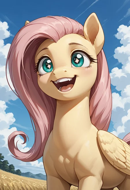 score_9, score_8_up, score_7_up, my little pony, uncanny Fluttershy, a yellow pegasus with yellow wings and teal eyes and pink mane and tail, spaghetti hair, source_feral, outdoors, daylight sky, cloudy, skin folds, bloodshot eyes, scarily laughing with a large open grinning horse mouth, large teeth, neck veins, source_anime, retro anime style, basilwolverton style
