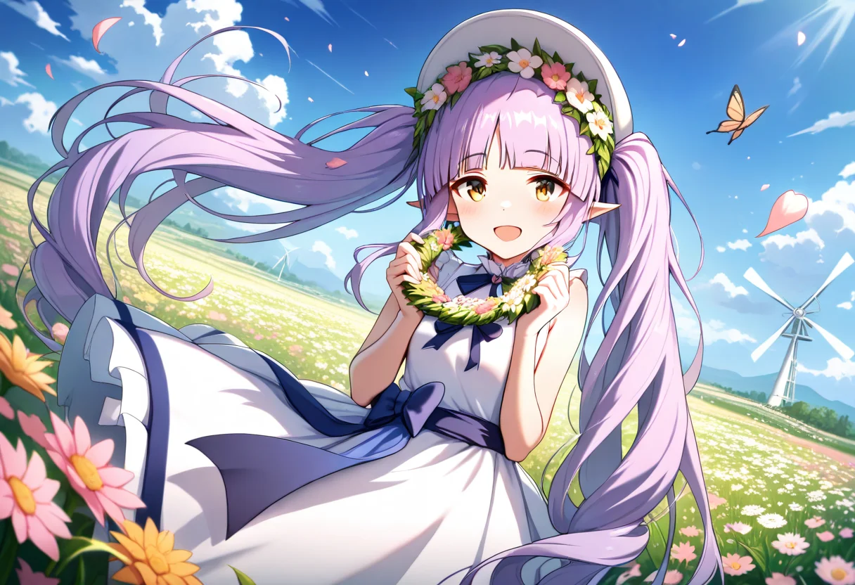 masterpiece,high score,great score,absurdres,<lora:ani40_stabilizer_v0.1:0.8>,<lora:Kyouka_ani4_xl_v1-000014:0.8>,1girl,windmill,field,flower,flower field,solo,dress,kyouka \(princess connect!\),pointy ears,butterfly,twintails,long hair,bug,elf,outdoors,purple hair,yellow eyes,wind turbine,open mouth,looking at viewer,very long hair,smile,sky,petals,head wreath,day,holding,white dress,meadow,blunt bangs,blue sky,sleeveless dress,falling petals,dutch angle,hair ornament,cloud,sleeveless,hair flower,white headwear,holding wreath,