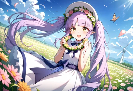 masterpiece,high score,great score,absurdres,<lora:ani40_stabilizer_v0.1:0.8>,<lora:Kyouka_ani4_xl_v1-000014:0.8>,1girl,windmill,field,flower,flower field,solo,dress,kyouka \(princess connect!\),pointy ears,butterfly,twintails,long hair,bug,elf,outdoors,purple hair,yellow eyes,wind turbine,open mouth,looking at viewer,very long hair,smile,sky,petals,head wreath,day,holding,white dress,meadow,blunt bangs,blue sky,sleeveless dress,falling petals,dutch angle,hair ornament,cloud,sleeveless,hair flower,white headwear,holding wreath,