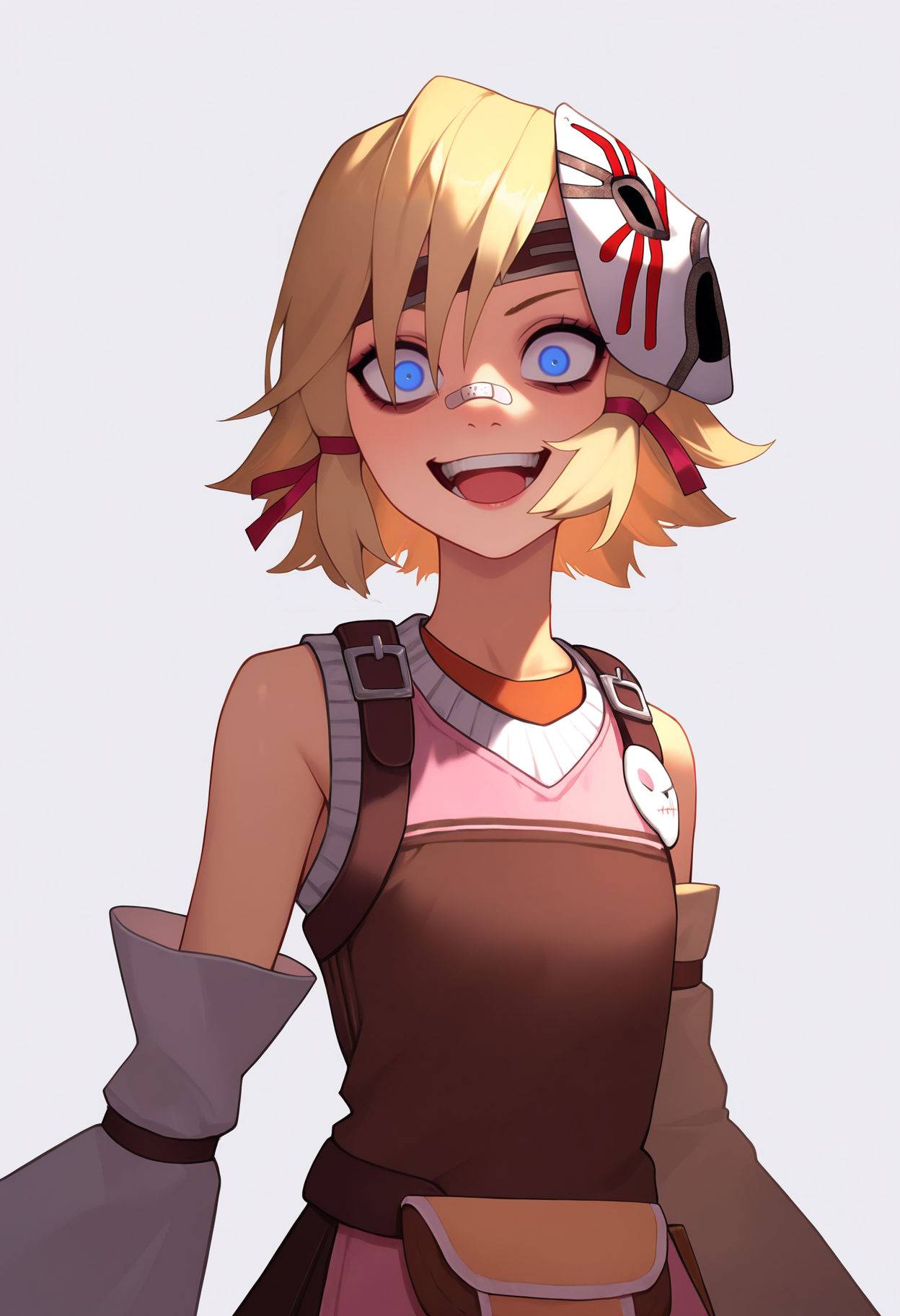 masterpiece, best quality, very aesthetic, absurdres,
1girl, tinytina, blonde hair, short hair, blue eyes, mask on head, bandaid on nose,
apron, detached sleeves, pants, 
crazy smile,
upper body, standing, looking at viewer, solo, simple background, white background  <lora:TinyTinaNoobXL_byKonan:1>