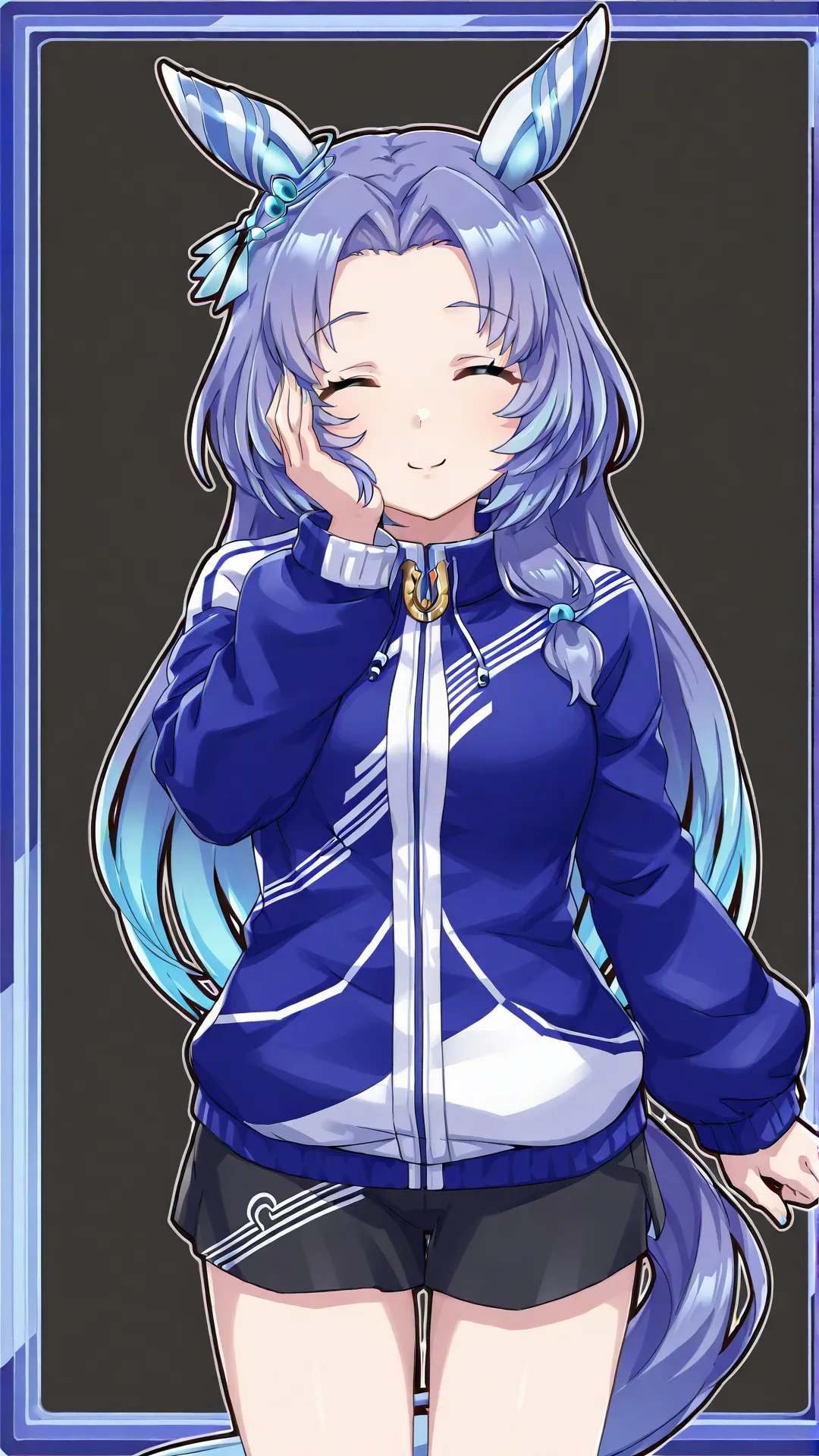 1girl,godolphin barb \(umamusume\),long hair,blue hair,very long hair,hair between eyes,ear covers,ear ornament,gradient hair,light blue hair,shoes,skirt,sneakers,jacket,black legwear,black skirt,blue footwear,long sleeves,<lora:godolphin_barb:1>,cowboy shot,smile,simple background,hand on own face,