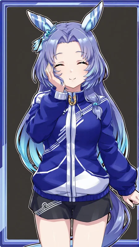 1girl,godolphin barb \(umamusume\),long hair,blue hair,very long hair,hair between eyes,ear covers,ear ornament,gradient hair,light blue hair,shoes,skirt,sneakers,jacket,black legwear,black skirt,blue footwear,long sleeves,<lora:godolphin_barb:1>,cowboy shot,smile,simple background,hand on own face,