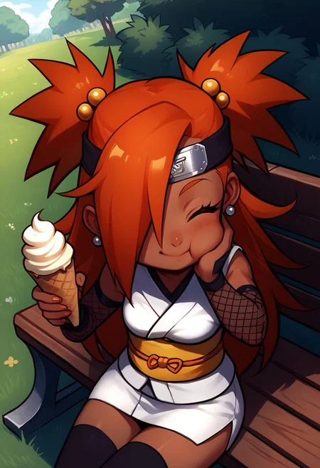 score_9, score_8_up, score_7_up, score_6_up, score_5_up, score_4_up, source_anime, rating_safe, chouchou akimichi, 1girl, dark-skinned female, (toned body, navel:0.7), orange hair, hair over one eye, two side up, long hair, eyes closed, satisfied, enjoying food, happy, hearts, hair bobbles, white kimono, short kimono, sleeveless kimono, yellow obi, orange sash, fishnets, detached sleeves, black thighhighs, forehead protector, jewelry, earrings, eating, ice cream, hand on cheek, holding food with one hand, looking at viewer, sitting, park bench, grass, cowboy shot, front view, polyle