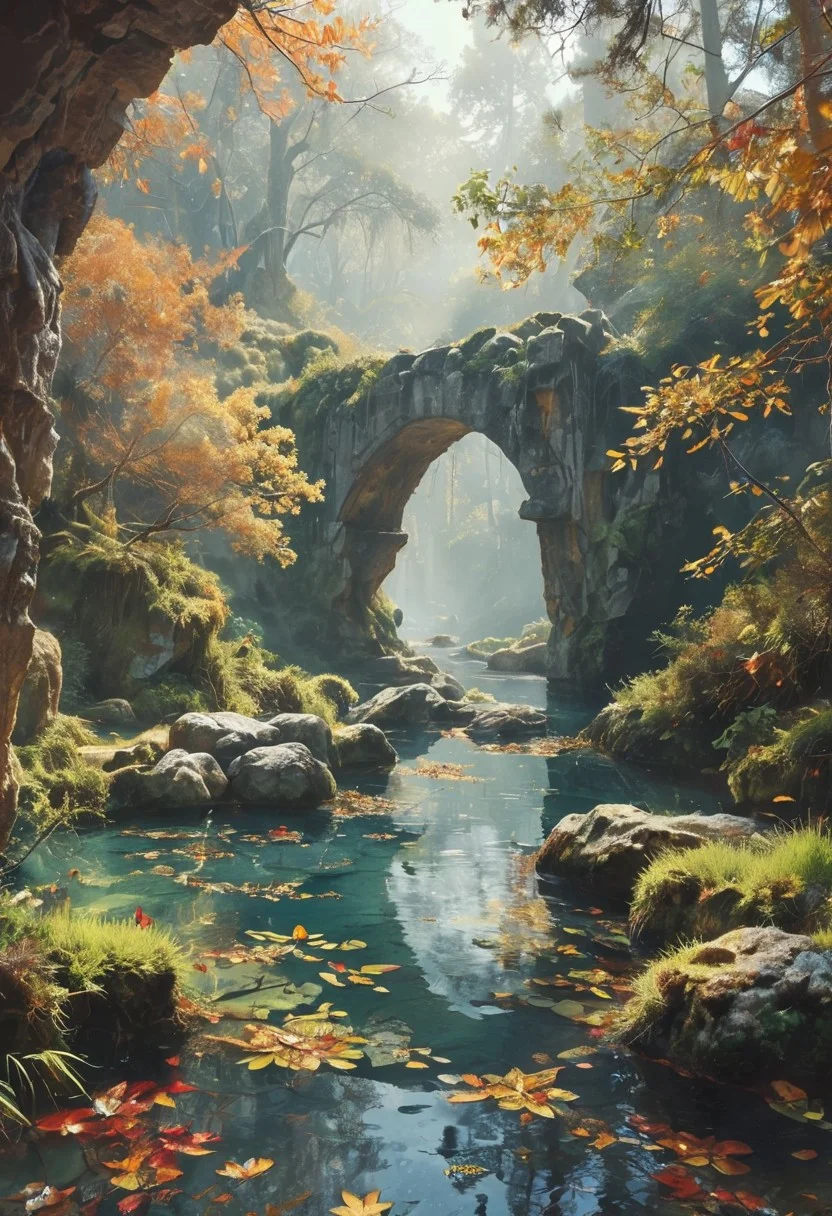 in the dappled light of early morning, mystical atmosphere, light fog and sunbeams, view at a hidden forest pool from within an ancient stone grotto, through a wide archway, a towering pine tree with emerald needles leaning over the water, autumn leaves scattered around the pool and floating gently, far away a mysterious island, romantic impressionism, magical scenery art, beautiful oil matte painting, romantic, beautiful digital painting, anime landscape
, romantic painting, droneamlike digital painting, colorful painting, thick brushstrokes characteristic, rough stroke, beautiful gorgeous digital art, style Karol Bok, Brian Froud, Wendy Froud, Guy Davis, Sergio Sandoval