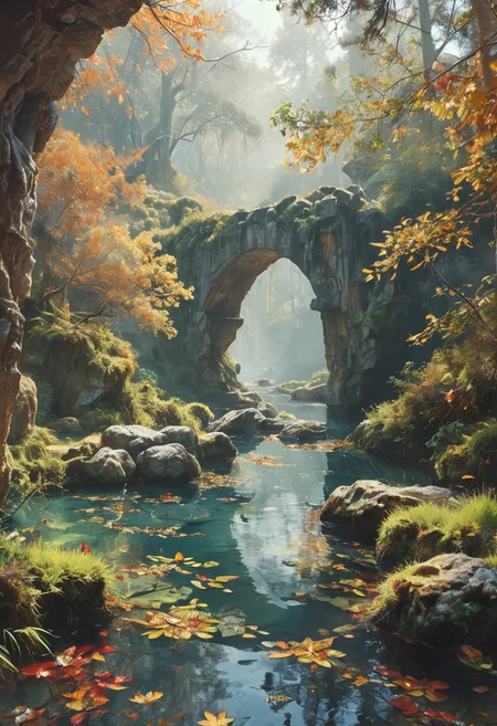 in the dappled light of early morning, mystical atmosphere, light fog and sunbeams, view at a hidden forest pool from within an ancient stone grotto, through a wide archway, a towering pine tree with emerald needles leaning over the water, autumn leaves scattered around the pool and floating gently, far away a mysterious island, romantic impressionism, magical scenery art, beautiful oil matte painting, romantic, beautiful digital painting, anime landscape
, romantic painting, droneamlike digital painting, colorful painting, thick brushstrokes characteristic, rough stroke, beautiful gorgeous digital art, style Karol Bok, Brian Froud, Wendy Froud, Guy Davis, Sergio Sandoval