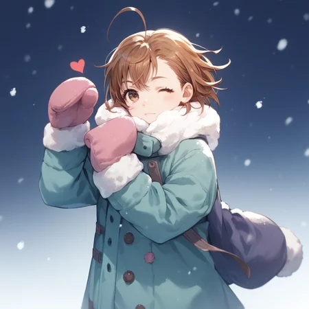 anime coloring, score_9, score_8_up, score_7_up, score_6_up, misaka20001 last-order, toaru, 1girl, solo, ahoge, brown hair, one eye closed, brown eyes, mittens, winter clothes, coat, short hair, heart ahoge, snow