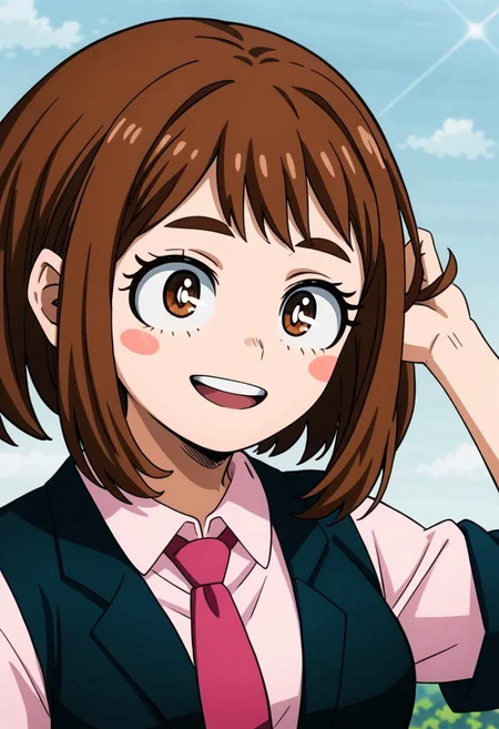 1girl, ochako_uraraka, brown hair, brown eyes, white pupil, blush stickers, happy, ANIMESTYLE