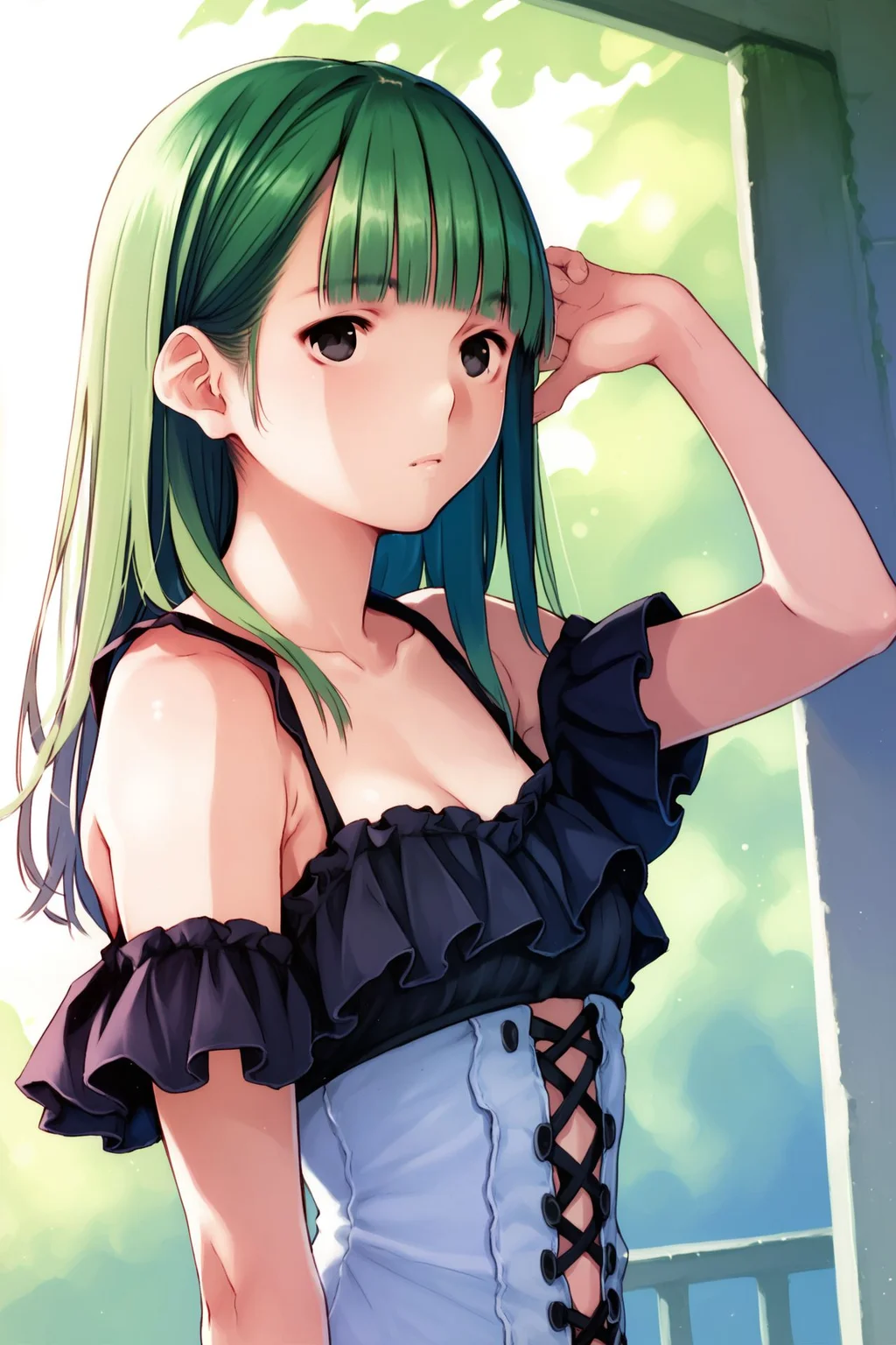 score_9, score_8_up, score_7_up, 1girl, :>, light_green hair, fringed_bangs, black eyes, small breasts, arm_up, day <lora:mino_tarou_loveplus_PonyXL_style_v01:1>