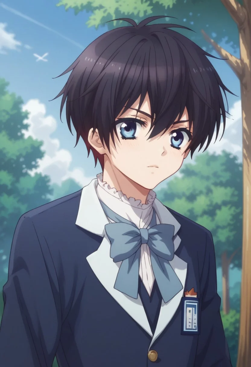 score_9, score_8_up, score_7_up, source_anime, highly detailed,
kazuo, solo, blue eyes, school uniform, bowtie, 1boy, male focus, black hair, shorts, upper body, short hair,
outdoor, blue sky, tree