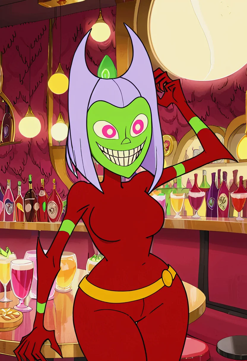 <lora:TwelveForever_ButtWitch_XL:0.9>, butt witch \(regular\), 4 arms, evil smile, twelve forever, 1girl, solo, colored skin, red bodysuit, in a bar, masterpiece, best quality