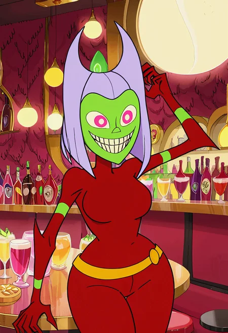 <lora:TwelveForever_ButtWitch_XL:0.9>, butt witch \(regular\), 4 arms, evil smile, twelve forever, 1girl, solo, colored skin, red bodysuit, in a bar, masterpiece, best quality