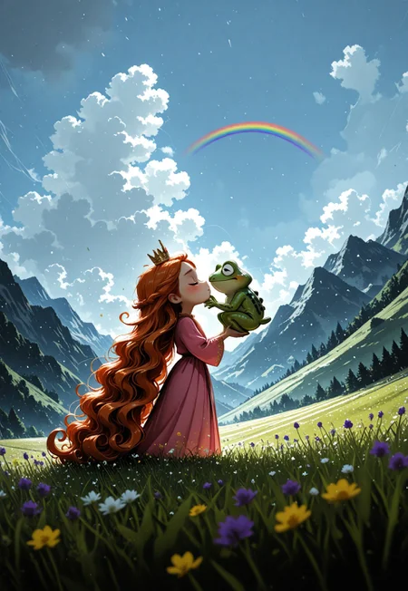 1girl, solo, princess, grumpy, crown, ginger hair, very long hair, curly hair, holding, holding frog, frog prince, imminent kiss, general, meadow, outdoors, lakeside, mountains, blue sky, cloudy sky, rain, sunshine, rainbow, from side, depth of field, photo \(medium\), scenery, volumetric lighting, masterpiece, best quality, good quality, very awa, very aesthetic, absurdres, newest, opill