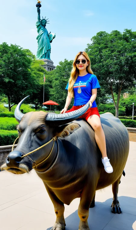 masterpiece, realistic, official art, Girl riding Thai Buffalo at Statue of Liberty, New York,
1girl, 1animal, 40 years old, mature, t-shirt, denim, very long hair, blonde hair,
animal, (Thai Buffalo:1.1), <lora:SDXL_BTT_Ride_Thai_Buffalo_v01A:1.0>,SDXL_BTT_Ride_Thai_Buffalo_v01A,
outdoors, (Statue of Liberty:1.1),( New York:1.3), <lora:HandFineTuning_XL:1>