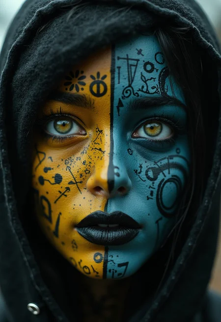 A close-up of a face adorned with intricate black and blue patterns. The left side of the face is predominantly yellow, with symbols and doodles, while the right side is dark, featuring mechanical elements. The eye on the left is a striking shade of yellow, contrasting sharply with the surrounding patterns. The face is partially covered by a hooded garment, cinematic_1940s cinematic_octane