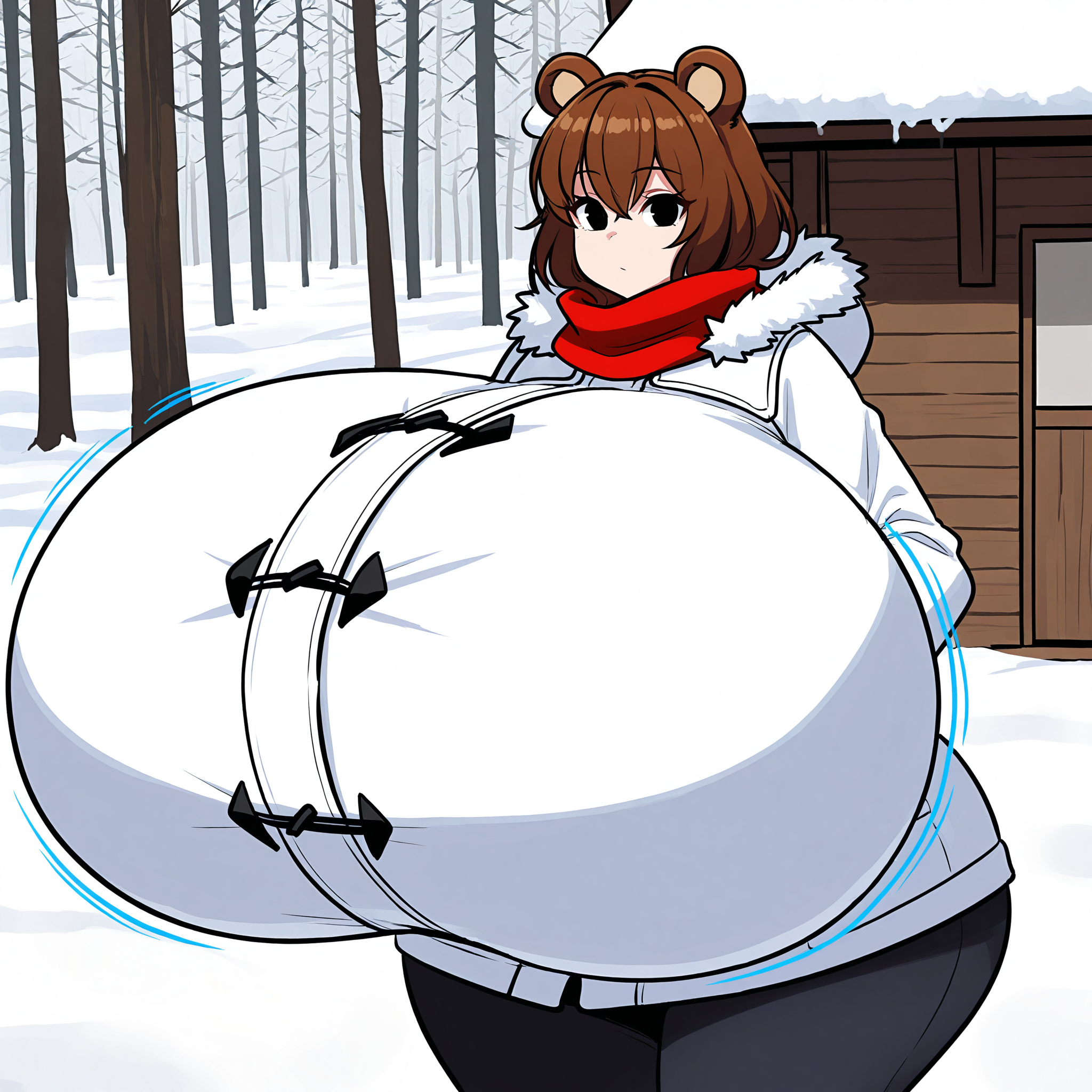 (masterpiece), best quality, (highly detailed), 1female, solo, <lora:Alpha_Erasure_Style_Illustrious:0.8>, bear ears, brown hair, black eyes, hyper breasts, wide hips, white winter coat, pants, fitting clothes, forest, snow, cabin, red scarf, looking at viewer, blank expression,