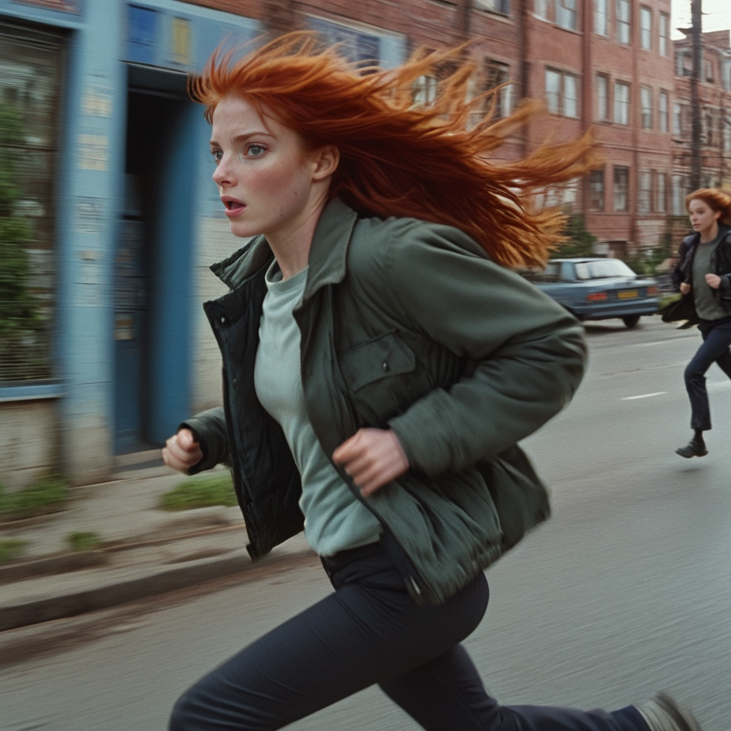 <lora:90s_Indie_MovieSDXL:1> ArsMovieStill, movie still from a 1990s indie movie, The image shows a woman with red hair running down the street wearing a bag. In the background there are vehicles people buildings trees and a clear blue sky., motion blur, long hair, realistic, red hair, running, 1girl, solo, ground vehicle, pants, jacket